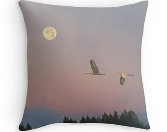 Bird Home Decor, Moon Pillow, Bird Cushion, Moon Cushion, Bird Throw Pillow, Cranes, Sunrise, Full Moon, Dawn, Nature Decor, Wildlife Pillow