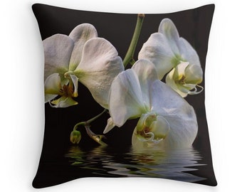 Orchid Pillow, White Flowers, Black and White Cushion, Floral Pillow, Flower Decor, Gardener Gift, Flower Photography, Gift for Wife