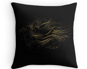 Black and Gold, Black Gold Cushion, Fancy Cushion, Black Throw Pillow, Bird Throw Pillow, Calligraphy, Gift for Birder, 18x18 Pillow Cover