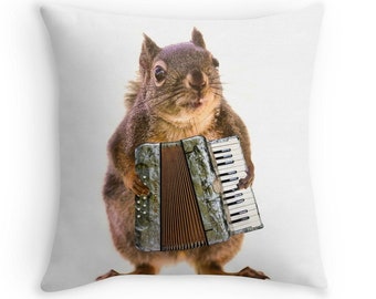 Gift for Musician, Accordion, Squirrel Pillow, Music Decor, Music Gift, Funny Cushion, Squirrel Cushion, Squirrel Decor, Animal Decor