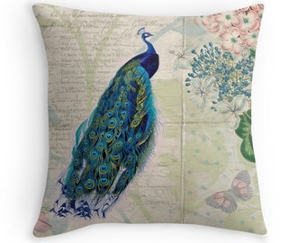 Peacock Pillow, Botanical Decor, Throw Pillow Covers, Love Poem, Poetry, Peacock Decor, Bird Decor, Floral Pillow, Peacock Cushion