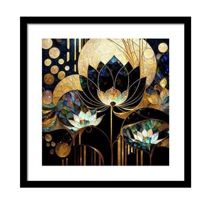 Art Deco Print, Lotus Flower Print, Lotus Art, Art Nouveau, Abstract Flowers, Water Lilies, Water Lily Art, Abstract Art, Black Gold Art image 2