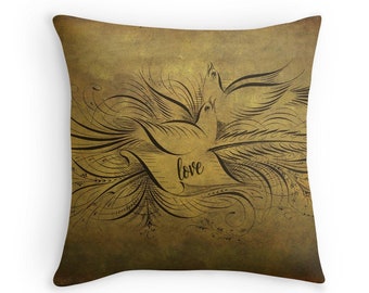 Gold Pillow, Love Pillow, Love Birds, Wedding Gift, Engagement Gift, Bird Cushions, Gold Cushion, Brown Pillow, Vintage Pillow, Shabby Chic