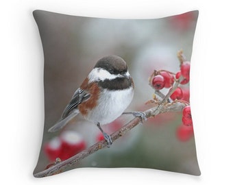 Bird Pillow, Chickadee Cushion, Bird Decor, Chickadee Pillow, Bird Throw Pillow, Winter Bird Decor, Bird in Snow,Wildlife Pillow,Small Birds