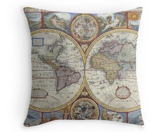 World Map Pillow, 1600s, Map Decor, Map of the World, Antique Maps, Antique Map Cushion, Retro Pillow, World Map Cushion, Vintage Decor