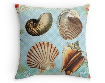 Beach Pillow, Sea Shells Decor, Seashells Cushion, Beach Decor, Sea Theme, Aquatic Throw Pillow, 16x16 Pillow, Cushion Cover