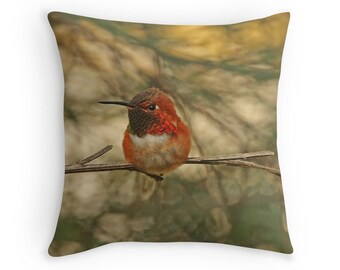 Bird Throw Pillow, Hummingbird Pillow, Hummingbird Cushion, Bird Decor, Nature Cushion, Wildlife Cushion, Gift for Birdwatcher,Rufous Hummer