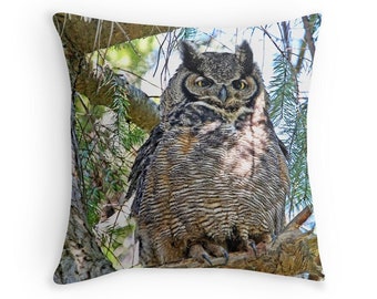 Owl Gift, Owl Cushion, Owl Pillow, Owl Decor, Great Horned Owl, Owl Photography,Owl Throw Pillow, Wildlife Cushion, Bird Decor, Nature Decor