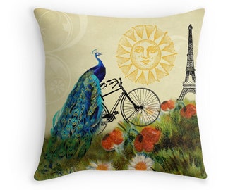 Peacock Throw Pillow, Bird Pillow Cover, Paris Pillow, Bike Decor, Whimsical Decor, Eiffel Tower Pillow, Whimsical Pillow, Cushion Covers