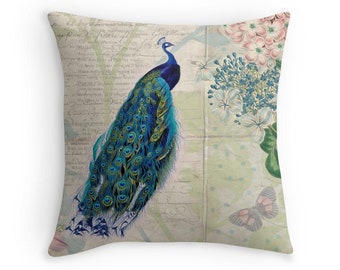 Peacock Decor, Peacock Cushion, Bird Throw Pillow, Botanical Illustration, Bird Cushion, Peacock Throw Pillow, Botanical Cushion