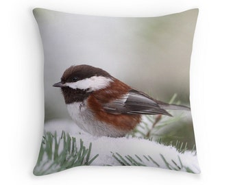 Woodland Cushion, Wildlife Decor, Winter Cushion, Winter Throw Pillow, Nature Decor, Chickadee Cushion, Chickadee Pillow, Winter Chickadee