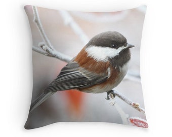 Chickadee Pillow, Bird Decor, Snow Bird Decor, Bird in Winter, Bird Cushions, Bird Throw Pillows, Winter Decor, Nature Decor, Wildlife Decor