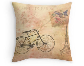 Paris Decor, Eiffel Tower Decor, Pink Pillow Cover, Pink Cushions, Bicycle Decor, Cherry Blossoms, Spring Colors, Pastel Throw Pillow