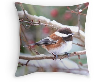 Chickadee Pillow, Small Birds, Chickadee Cushion, Bird Cushion, Snow Bird, Bird Decor, Bird Throw Pillow, Winter Bird, Wildlife Pillow