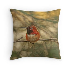 Bird Throw Pillow, Hummingbird Pillow, Hummingbird Cushion, Bird Decor, Nature Cushion, Wildlife Cushion, Gift for Birdwatcher,Rufous Hummer image 1