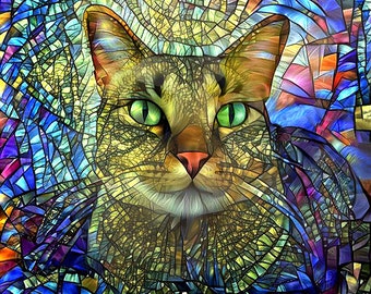 Gato de vidrieras, estampado de gatos, regalo para amantes de los gatos, arte del gato atigrado, estampado de gatos colorido, obras de arte de vidrieras