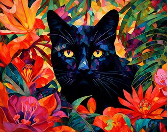 Black Cat Art, Black Cat Prints, Cat and Flowers, Jungle Cat, Tropical Art Print, Tropical Artwork, Cat Lover Gift, Cat Dad Gift,Cat Artwork