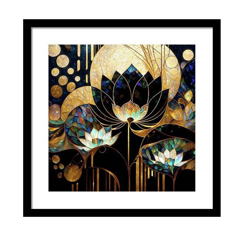 Art Deco Print, Lotus Flower Print, Lotus Art, Art Nouveau, Abstract Flowers, Water Lilies, Water Lily Art, Abstract Art, Black Gold Art image 2