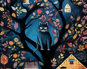 Black Cat Art, Cat Folk Art, Whimsical Cat Art, Black Cat Print, Cat Wall Art, Cat Lover Gift, Halloween Art, Folk Art Print