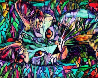 Kitten Art Print, Stained Glass Cat, Abstract Cat, Kitten Painting, Colorful Cat Art, Crazy Cat Lady, Tabby Kitten, Tabby Cat