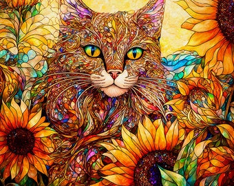 Cat Art Print, Cat and Flowers, Sunflower Art, Ginger Cats, Orange Cat Art, Cat Wall Art, Gift for Cat Lover, Cat Mom Art, Summer Art