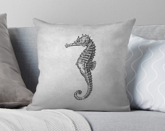 Seahorse Cushion, Seahorse Pillow, Grey Throw Pillow, Ocean Animals, Sea Horse, Ocean Decor, Light Grey Pillows, Grey Cushion, Vintage Decor
