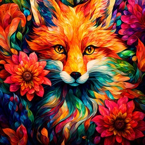 Fox Art Print, Red Fox, Fox and Flowers, Wildlife Art, Animal Art, Fox Print Wall Art, Colorful Animals, Animal Wall Art, Wildlife Prints image 1