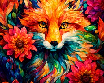 Fox Art Print, Zorro Rojo, Zorro y Flores, Arte de Vida Silvestre, Arte Animal, Arte de pared con impresión de zorro, Animales coloridos, Arte de pared de animales, Impresiones de vida silvestre