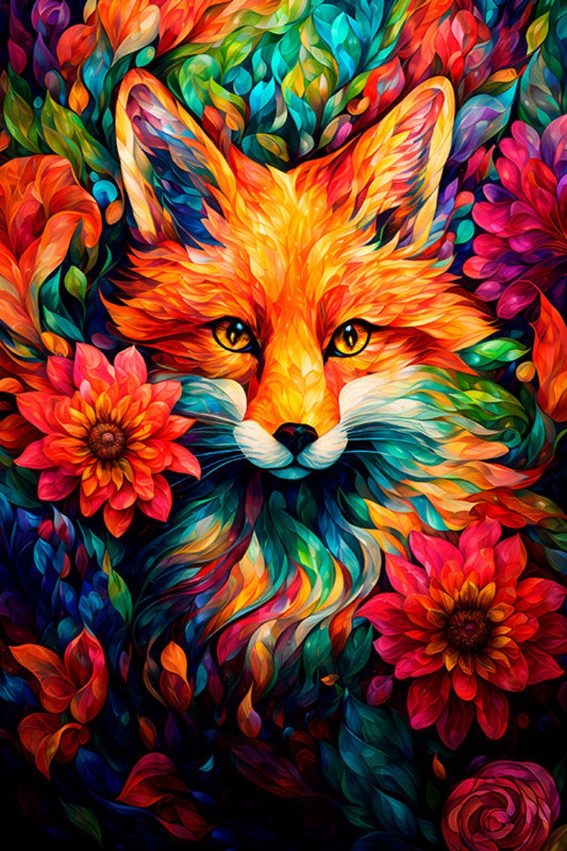 Fox Art Print, Red Fox, Fox and Flowers, Wildlife Art, Animal Art, Fox Print Wall Art, Colorful Animals, Animal Wall Art, Wildlife Prints image 1