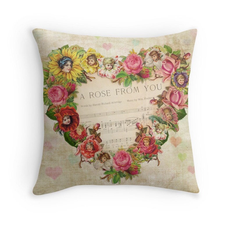 Flower Cushion, Hearts and Flowers, Flower Throw Pillow, Romantic Gift, Gift for Girlfriend, Gift for Her, Vintage Cushion, Newlywed Gift image 1