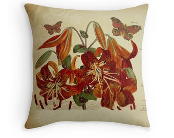 Botanical Pillow, Botanical Cushion, Tiger Lily, Lilies, Garden Decor, Flower Pillow, Gardener Gift, Flower Cushion, Butterfly Cushion