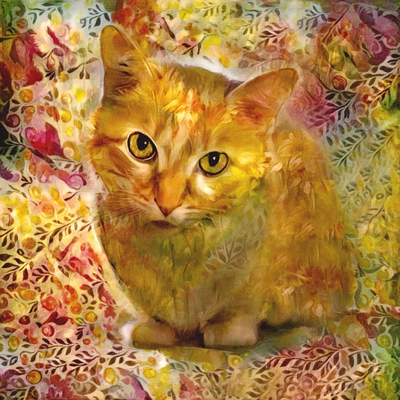 Cat and Flower Art Orange Cat Artwork Kitty Cat Ginger Cat Etsy