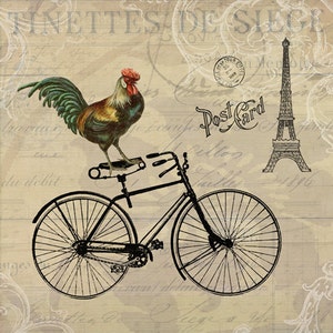 Whimsical Art, Rooster Print, Bird Print, Bicycle Art, Bicycle Decor, Paris Home Decor, Eiffel Tower Print, Eiffel Tower Decor image 2