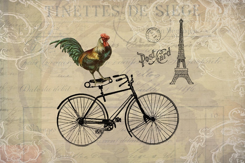 Whimsical Art, Rooster Print, Bird Print, Bicycle Art, Bicycle Decor, Paris Home Decor, Eiffel Tower Print, Eiffel Tower Decor image 2