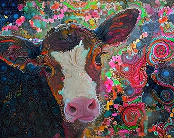 Cow Print, Farm Animal Art, Colorful Wall Art, Colorful Decor, Fun Art Print, Kids Room Decor, Psychedelic Art, Farmhouse Decor, Cattle Art