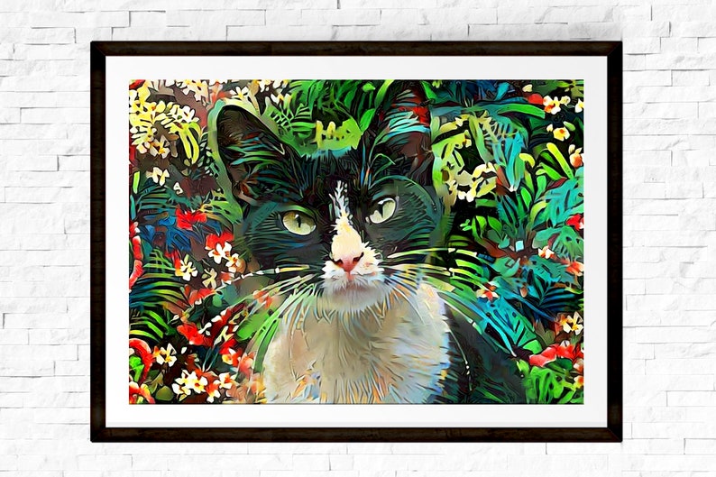 Cat and Flowers Cat Print Tuxedo Cat Art Colorful Wall Art Cat Lover Gift Tuxedo Cat Gift Black and White Cat