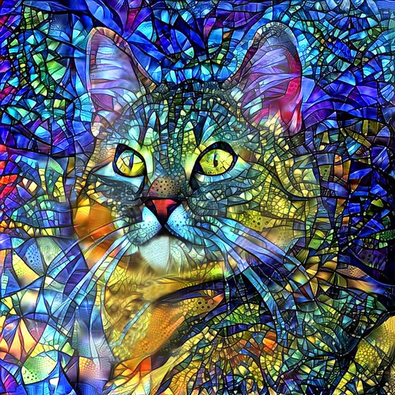 Tabby Cat Art Stained Glass Art Cat Print Colorful Wall | Etsy