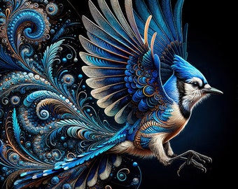 Blue Jay Art Print, Fractal Art, Bird Lover Gift, Bluejay Print, Birds and Flowers, Wildlife Art, Nature Artwork, Bird Art Print