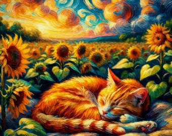 Gato Van Gogh, Arte del gato jengibre, Estampado de gato naranja, Arte del girasol, Vincent Van Gogh, Estilo Van Gogh, Regalo amante del gato, Arte del gato durmiente