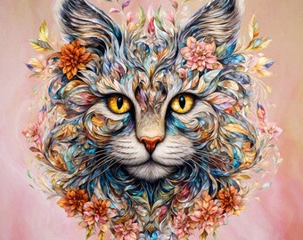 Cat Art Print, Maine Coon Cat, Colorful Cat Art, Cat Artwork, Floral Cat, Cat Wall Art, Cat Decor, Cat and Flowers, Cat Mom Gift