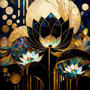 Art Deco Print, Lotus Flower Print, Lotus Art, Art Nouveau, Abstract Flowers, Water Lilies, Water Lily Art, Abstract Art, Black Gold Art