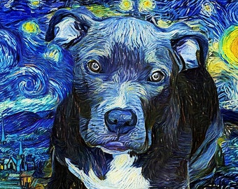 Pit Bull Art, Pit Bull Prints, Van Gogh Art, Pitbull Mom, Starry Night Print, Dog Lover Gift, Pittie Dog Art, Pit Bull Lover, Dog Wall Art