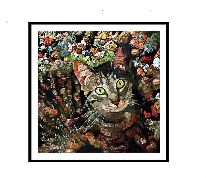 Tabby Cat Art Brown Tabby Cat Floral Print Abstract Cat Etsy