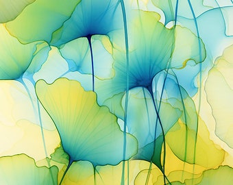 Ginkgo Leaves, Ginkgo Biloba, Ginkgo Art Prints, Abstract Leaves, Gingko Leaves, Leaf Art Prints, Blue Green Abstract, Vertical Abstracts