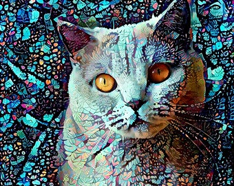 Blue Cat Print, British Shorthair Cat, Cat Artwork, Cat Art Print, British Short Hair Cat, Abstract Cat