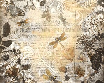 Botanische Druck, Collage Kunst, Libelle Kunstdruck, Gold Kunstwerk, Vintage Blumen Druck, Gärtner Geschenk, Fine Art Print, Floral Kunstdruck