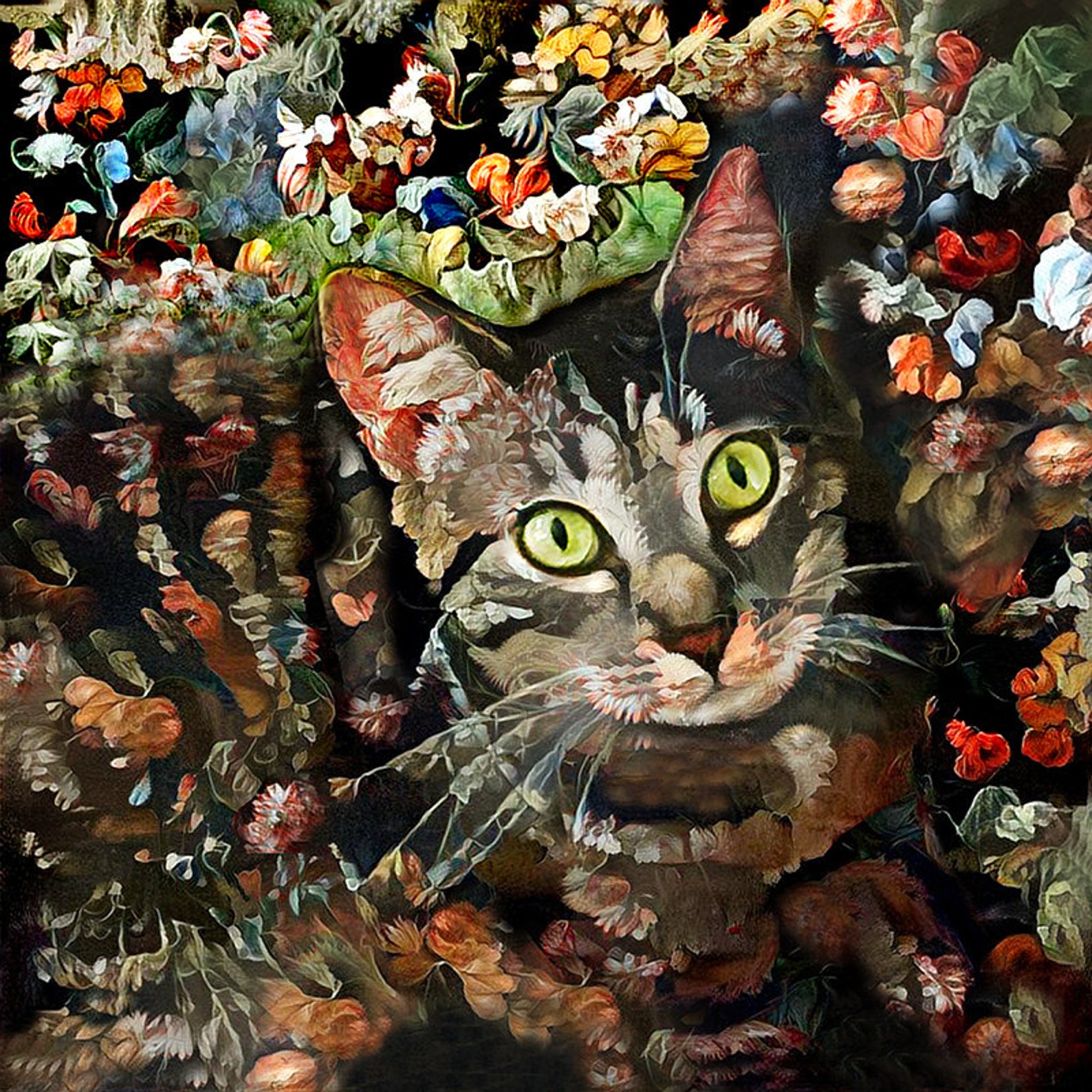 Tabby Cat Art Brown Tabby Cat Floral Print Abstract Cat Etsy