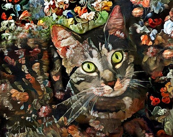 Tabby Cat Arte, Marrón Tabby, Gato Floral Impresión, Arte abstracto gato, Regalo para gato dama, gato y flores arte