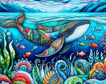 Whale Art Print, Ocean Artwork, Seascape Print, Humpback Whale, Nautical Art, Fish Art Print, Whimsical Art, Kids Room Art, Childrens Art
