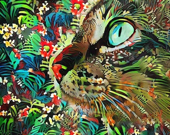 Cat Portrait, Cat Lady, Tabby Cat Art, Cat Painting, Colorful Cat Wall Art, Cat Decor, Gardeners Decor, Cat and Flowers